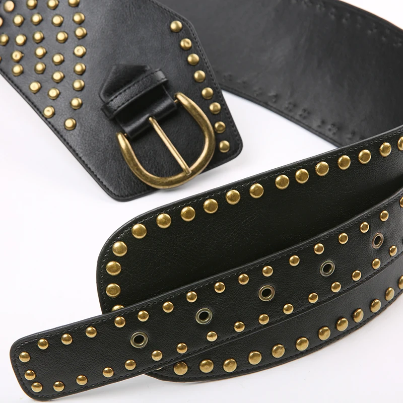 Rockmore PU Wide Belts Vintage Rivet Pin Buckle Luxury Leather Belt for Women Jeans Waistband y2k Punk Rock Hip Hop Accessories