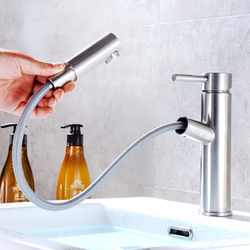 

Single Hole Wash Face Basin Faucets Hot&Cold Mxier Water Tap Stainless Steel Pull Out Bathroom Faucet