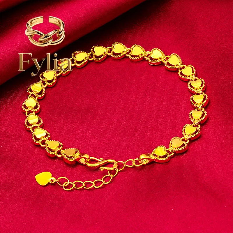 

Fylia Jewelry Fylia Jewelry Heart Bracelet for Women, 24K Gold, AU999 | Polished heart charms on delicate chain, sleek and ra