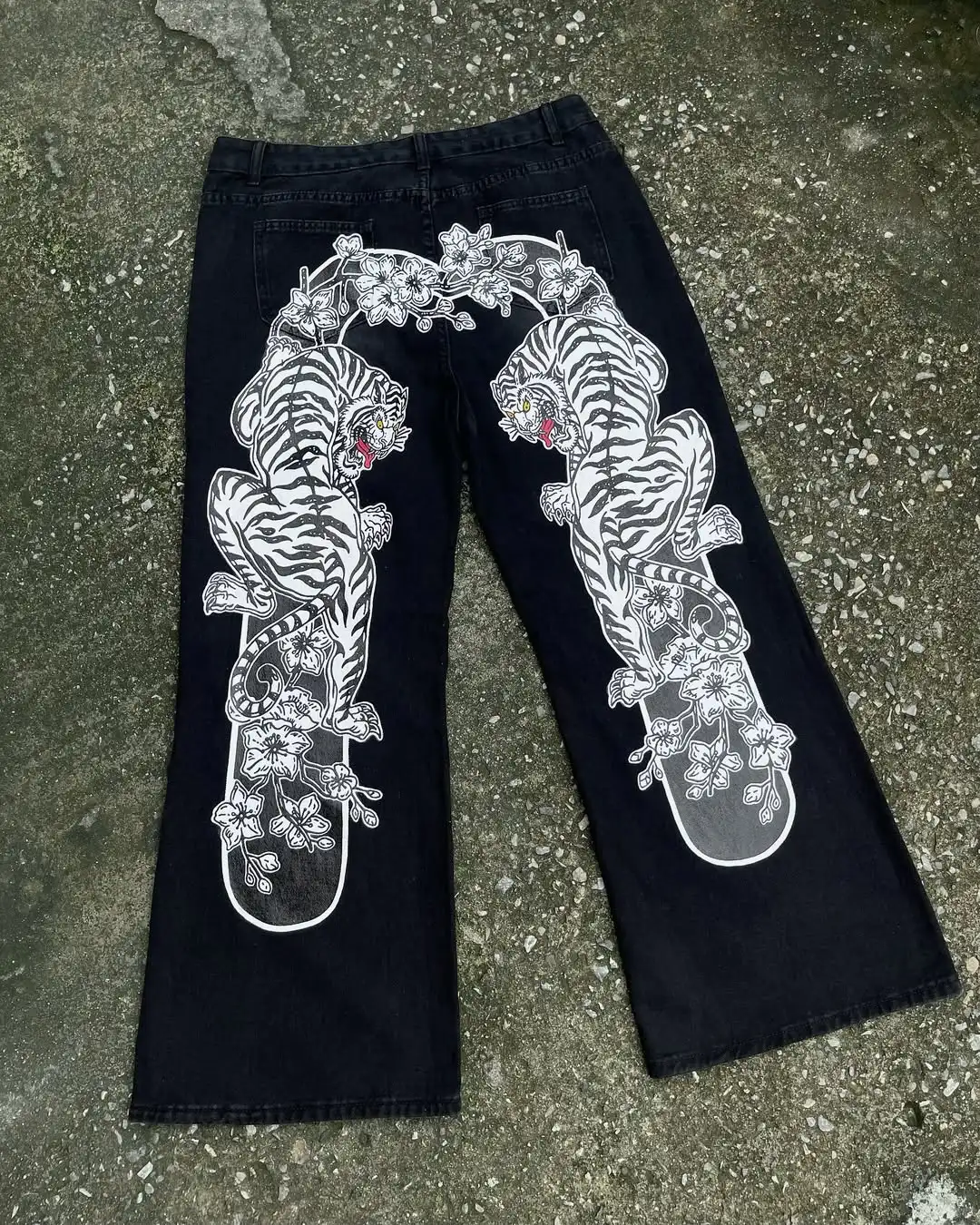 아메리칸 스타일 Y2K 쿨 화이트 타이거 프린트 루즈 청바지 인기 힙합 하라주쿠 남성과 여성 캐주얼 데님 바지 streetwear