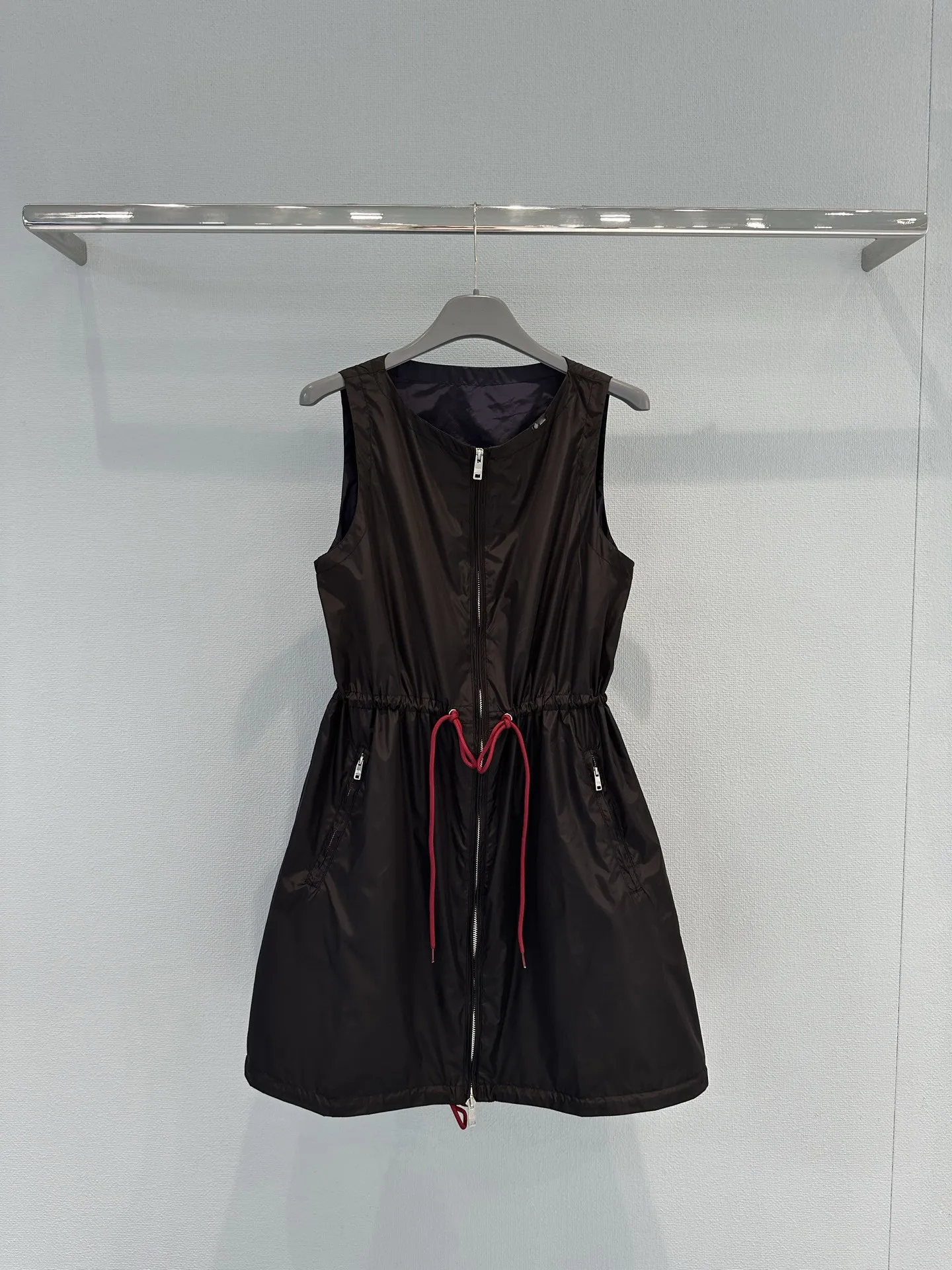 Black Sleeveless Vest Dress Women Autumn Drawstring Waist Zipper Tank Dress Midi Jacket Dress