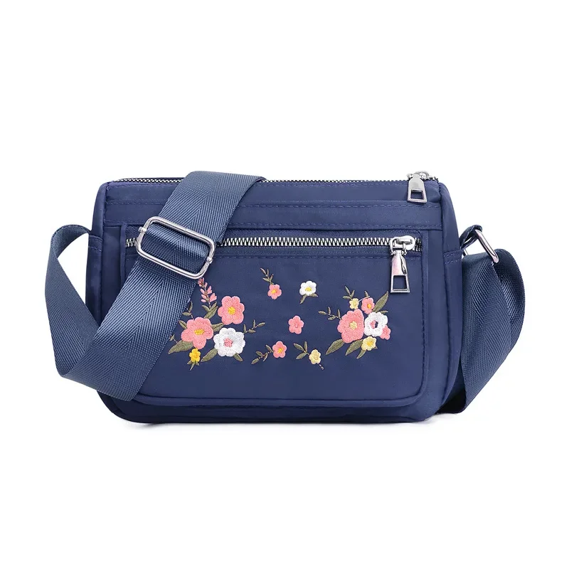 Bolso de hombro de nailon con flores bordadas para mujer, bolso Diagonal de un solo hombro, gran capacidad, ocio