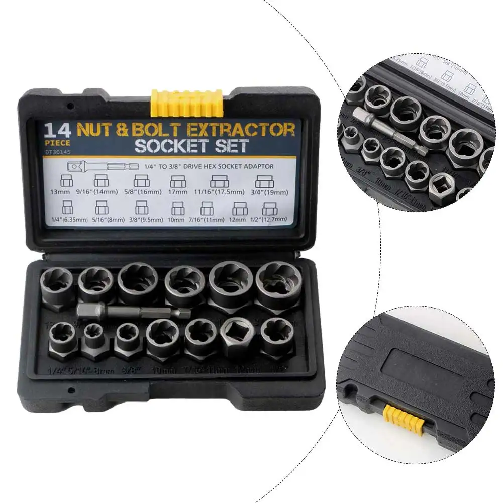 

14Pcs Extraction Socket Set Chrome Alloy Steel Bolt Nut Remover Set For Removing Damaged Bolts Nuts Screws Auto Repair Tools