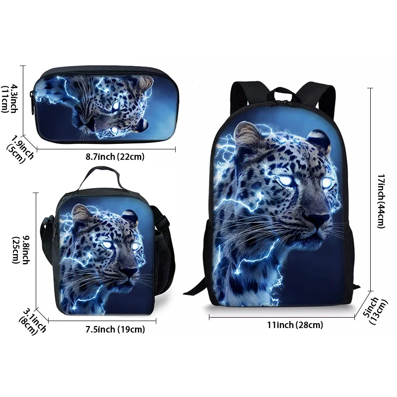 Electric Snow Leopard Three Piece Set Backpacks for Boy and Girls Best Gifts 2D Flat Cartoon School Bag for Children
