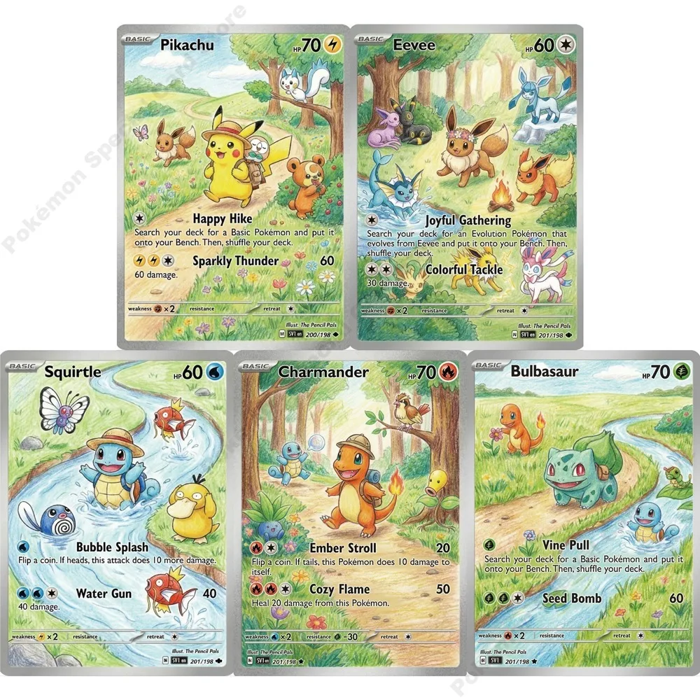 Tarjetas de Pokémon Charmander, Squirtle, Bulbasaur, Eevee, serie Outing, tarjetas de juego PTCG, tarjetas holográficas raras, juguetes de Anime, regalo de Pokémon, 5 uds.
