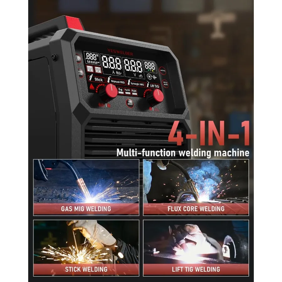 165A MIG Welder Flux Core MIG/Gas MIG/Lift TIG/Stick 4 in 1 Multi-process Welding Machine with LED Digital Display Sy
