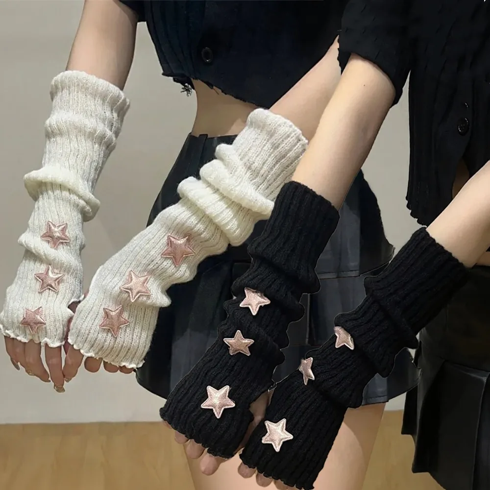 Punk Knitted Elbow Mittens  Winter Arm Warmer Gloves Long Sleeves Fingerless Gloves Cuff for Women Elastic Stripe Finger Sleeves