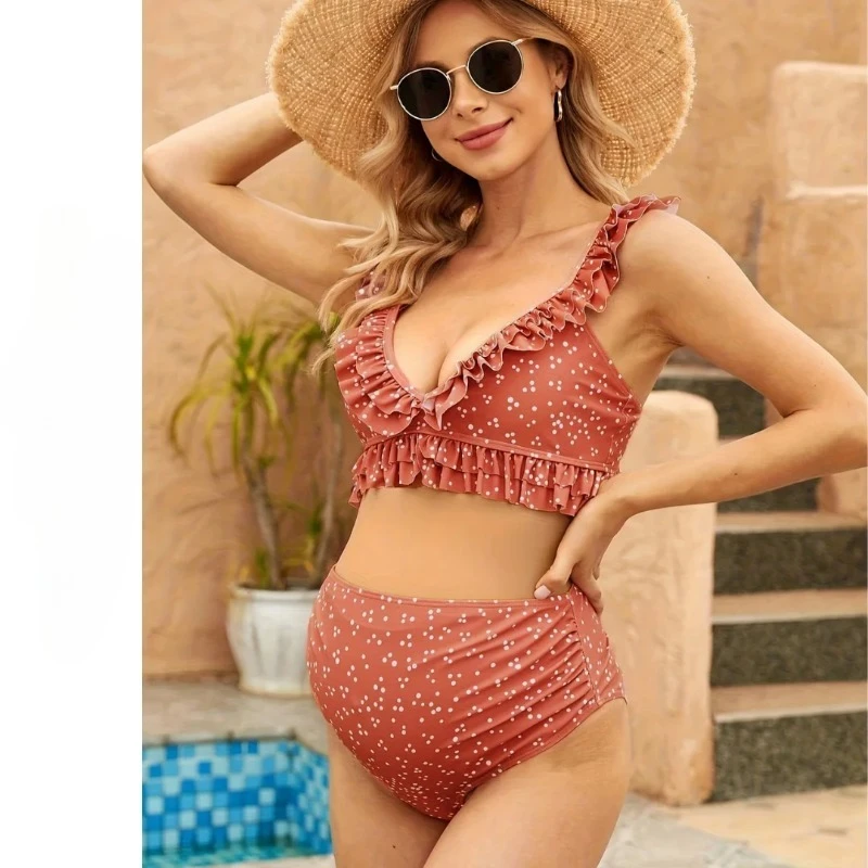 

Sexy Women's Maternity Suit High-waisted Ruffled Hem Bikini Set Swimsuit for Pregnant Women To Protect The Belly