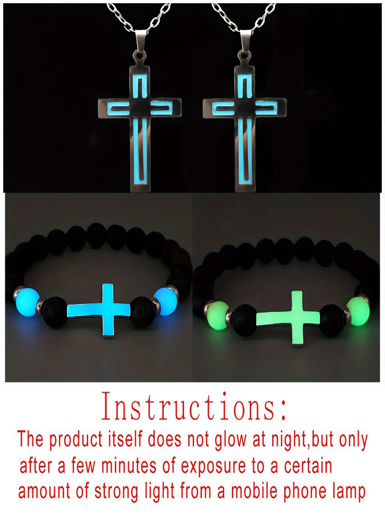 4Pcs Cross Charm Light Up in Dark Volcanic Stone Bracekets Stainless Steel Necklace Jewelry Sets