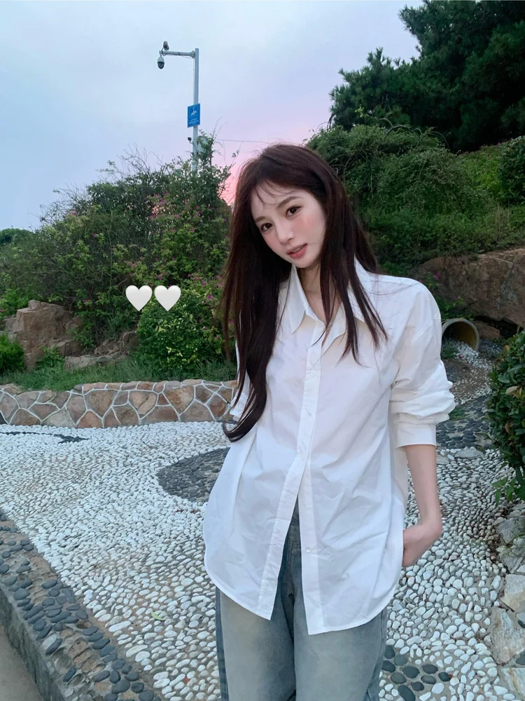

Свободная корейская рубашка с длинным рукавом, белая, женская, модная, повседневная, с воротником, весенняя новинка, универсальная верхняя одежда