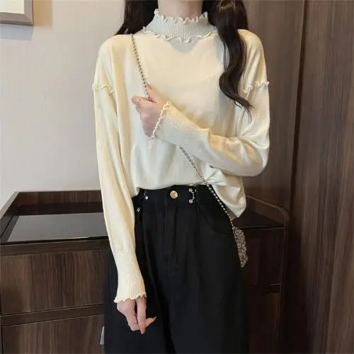 2023 Autumn/Winter Coat Overlay Top Foreign Style Slim Fit White Ear Edge Half High Collar Knitted Bottom Top