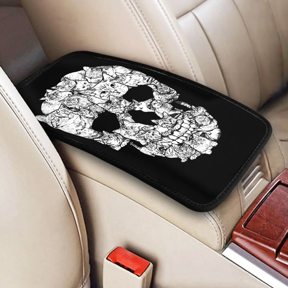 Center Console Cover Pad Cat Skull Halloween Death Car Armrest Cover Mat Horror Gothic Punk Skeleton Storage Box Pad Cushion