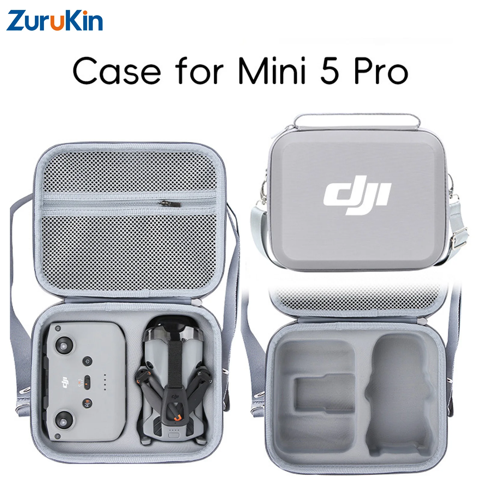 

ZuruKin Portable Shoulder Case For Dji Mini 5 Pro & Rc N3 Remote Grey Pu+Lycra Material All-In-One Storage Bag No Logo