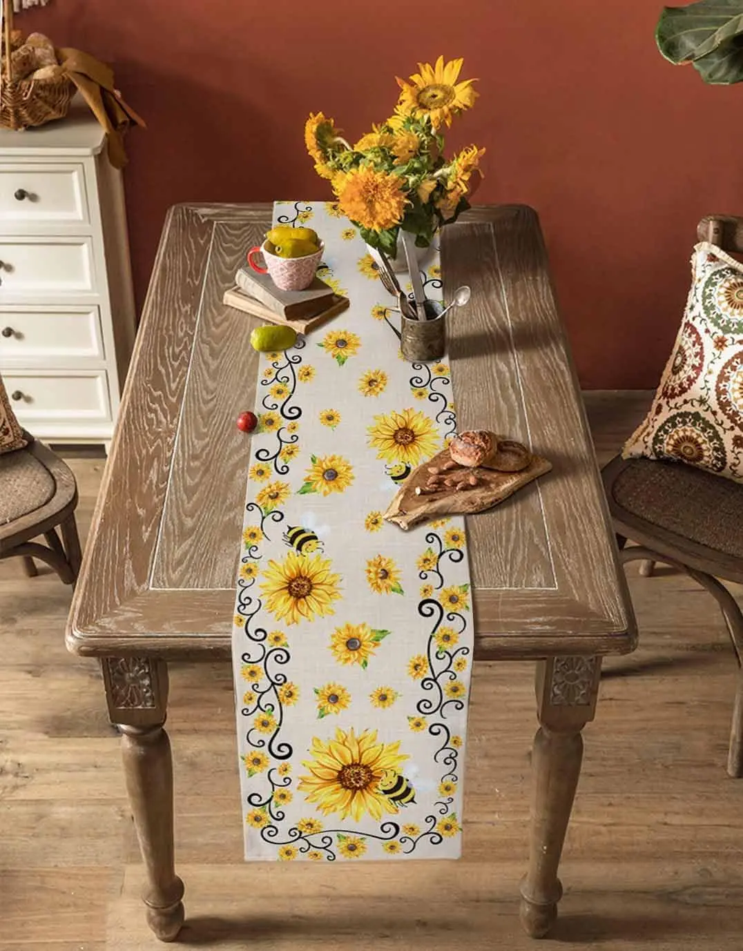 Summer Yellow Sunflowers Bee Linen Table Runners Farmhouse Style Dresser Scarf Table Decor Wedding Party Home Dining Table Decor