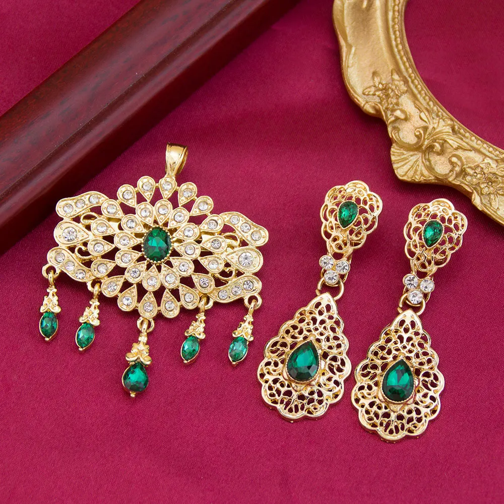 Gold Color Moroccan Jewelry Women Caftan Brooch Pins Drop Earring Arabic Bridal Sets Crystal Algeria Bijoux