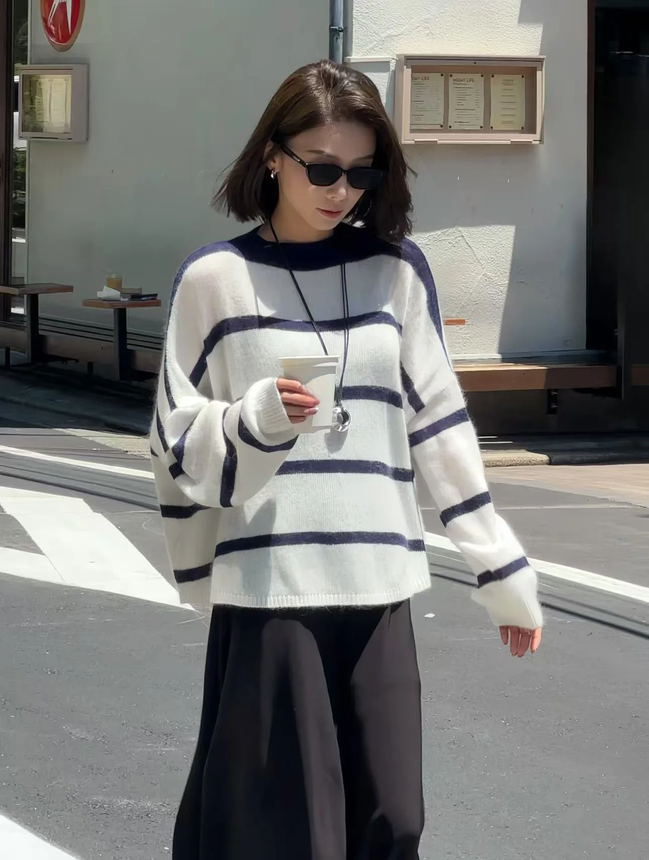 

Loose Fit Striped Knit Sweater Color Blo Zhou Women's Faion Autumn New Arrival Comfortable Feeling Casual Sle