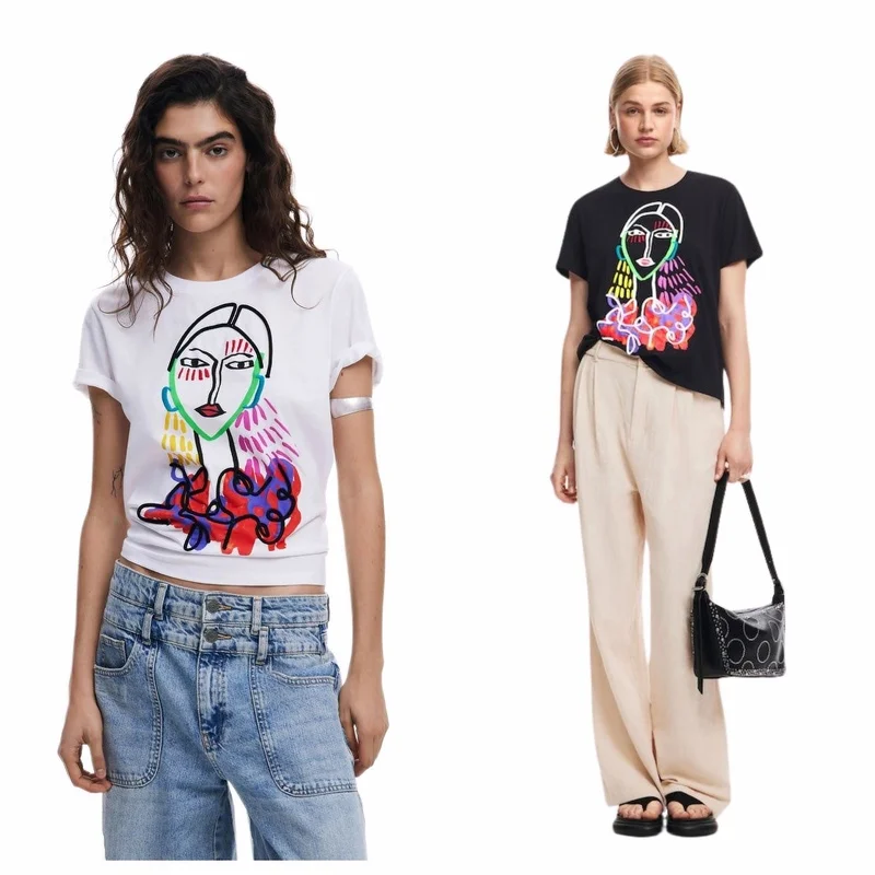 تي شيرت نسائي جديد عالي الجودة مطبوع عليه جرافيتي من القطن بأكمام قصيرة، قميص عادي غير رسمي متعدد الاستخدامات على الموضة في الشارع #1