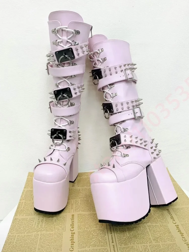 Women Light Pink Platform Knee High Boots Spiked Rivet Metal Multi Buckle Lace‑Up Gothic Punk Style Chunky Block Heel Tall Boots