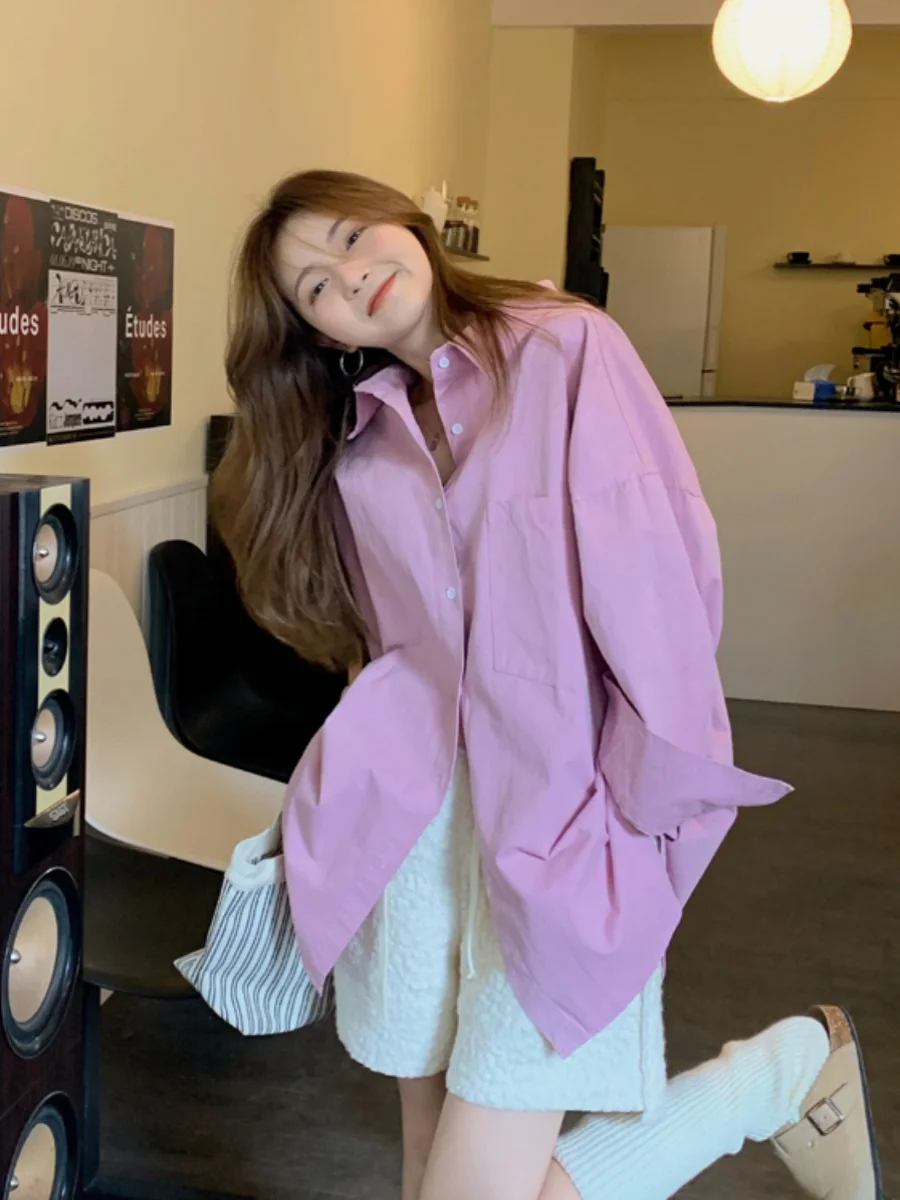 

plus Size Loose Fit Long Sleeve Pure Color Shirt Women's Autumn Winter New Style Ageless Collar Open Cardigan Top