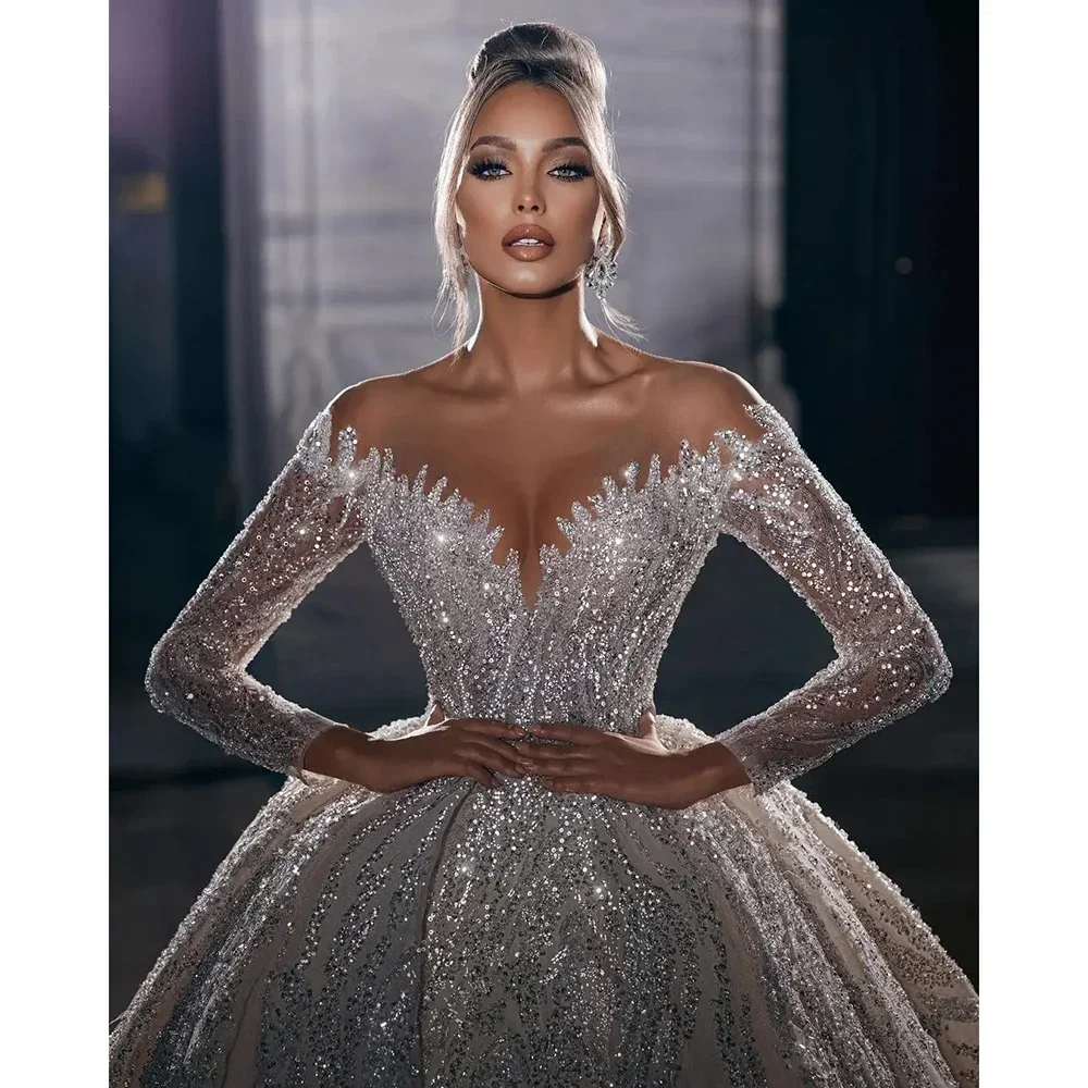 Flavinke Abiti da sposa personalizzati con abito da ballo Sweetheart Applique in pizzo con paillettes Abito da sposa a maniche lunghe Abiti da sposa principessa