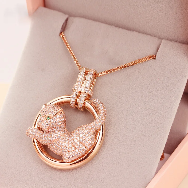 Plated 14K Rose Gold Luxury Leopard Necklace 585 Purple Gold Pendant for women high-level Cute clavicle chain Banquet Jewelry