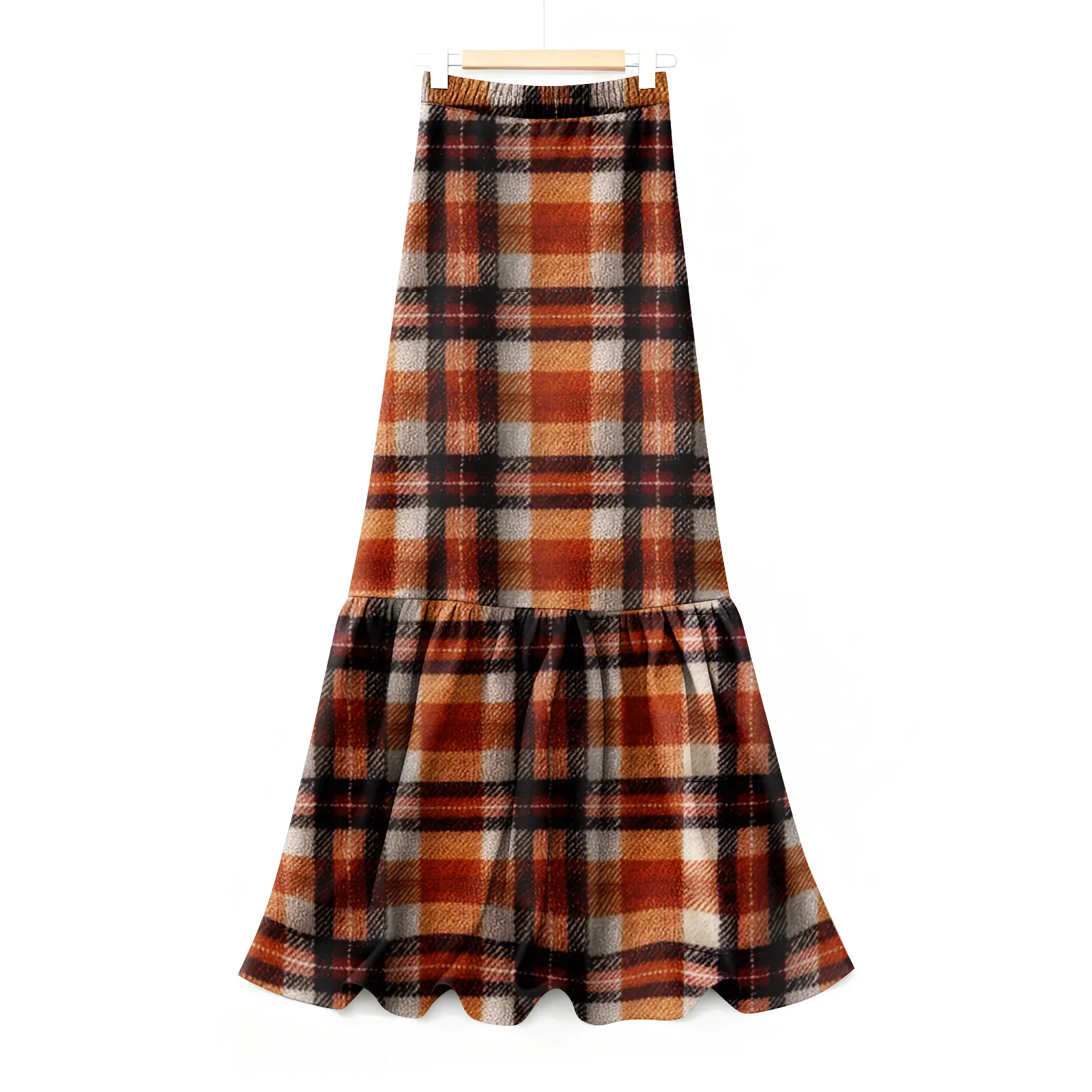 Winter Plaid Woolen Skirt Women's Mid-length A-line Ruffled Skirt Ladies High Waist Cotton Blend Pleated Long Skirt