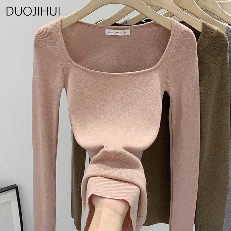 DUOJIHUI-Pulôveres chiques de pescoço quadrado para mulheres, manga comprida, magro, escritório básico, cor pura feminina, moda simples, feminino,