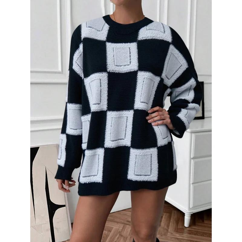 

YQ1-TkFashion Street Style Large Plaid Sweater for Women Winter Thick Loose Slimming Fashionable Warm Coat