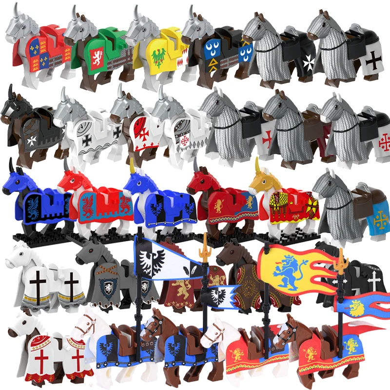 Medieval Military War Horse Building Blocks Castle Blue Dragon White Lion Scorpion Knights Mount Armour Weapon Bricks Toys Boys