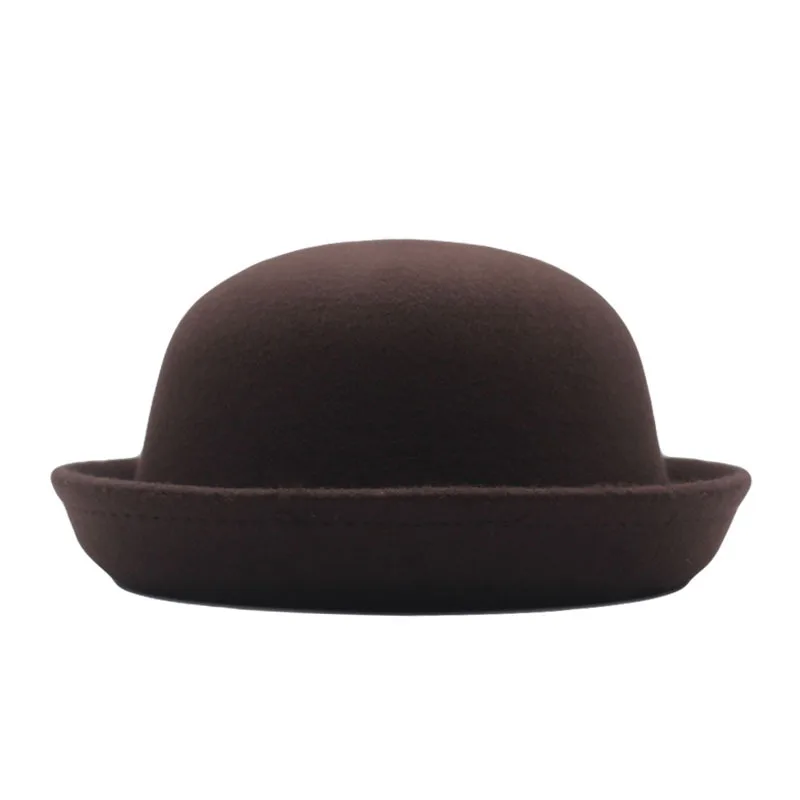 Outdoors Adult Children Flat-top Fedora Pure Color  Imitation Wool Jazz Hat Wide Brim L .adies ElegantRound Hat Bowler Hat image 2