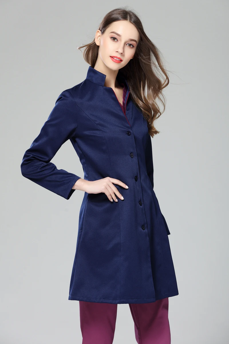 Autunno Colletto alla coreana da donna Antirughe Manica lunga Camice da laboratorio Unifomi clinici dentali Capispalla da medico Slim Fit Colore blu scuro scuro