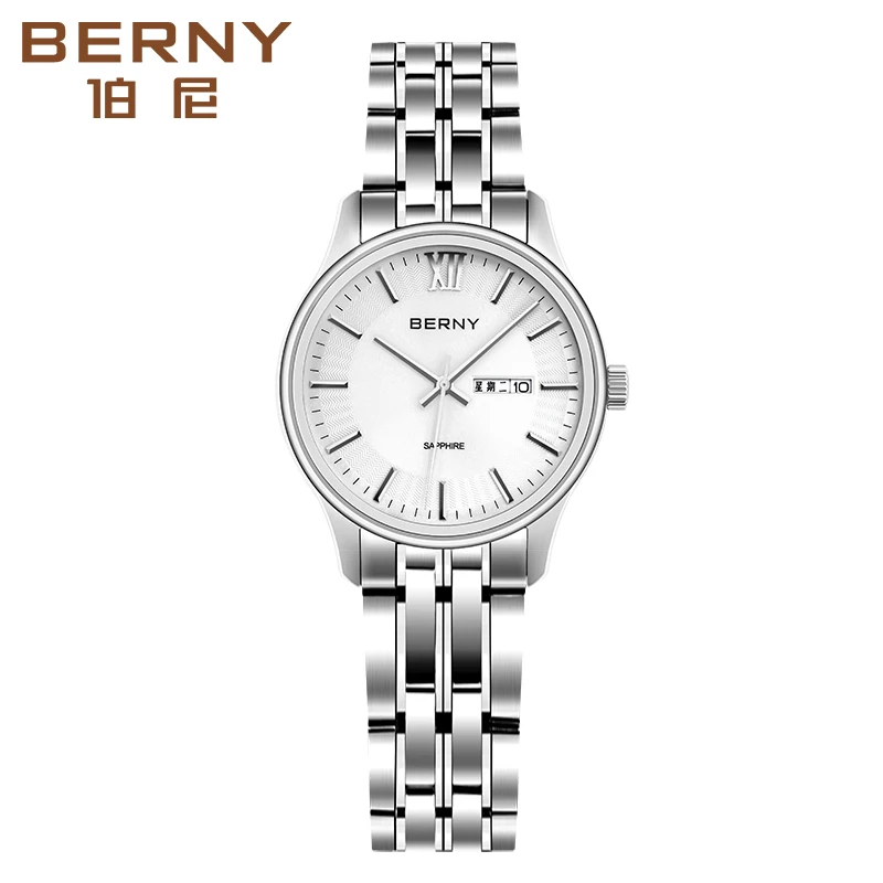 BERNY Women Quartz Wristwatches Stainless Steel Sapphire Glass Auto Date Waterproof Luxury Ladies Calendar Dress Watch for Women