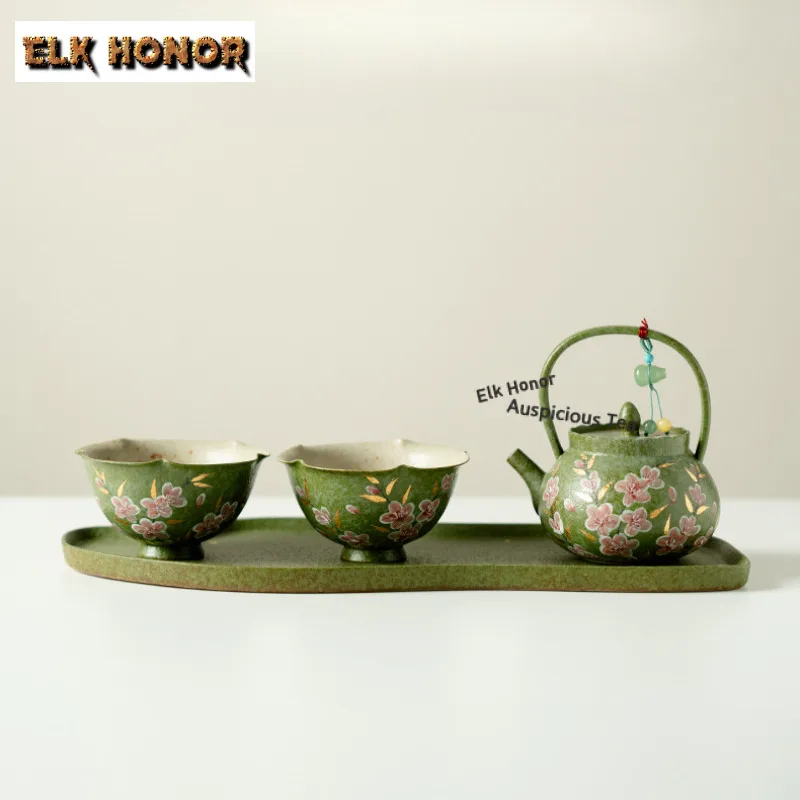 

Green Kumquat Hand-painted Plum Blossom Tea Set Complete Set Retro Tea Ceremony Set Teapot And Tea Cup Set Tableware Decoration