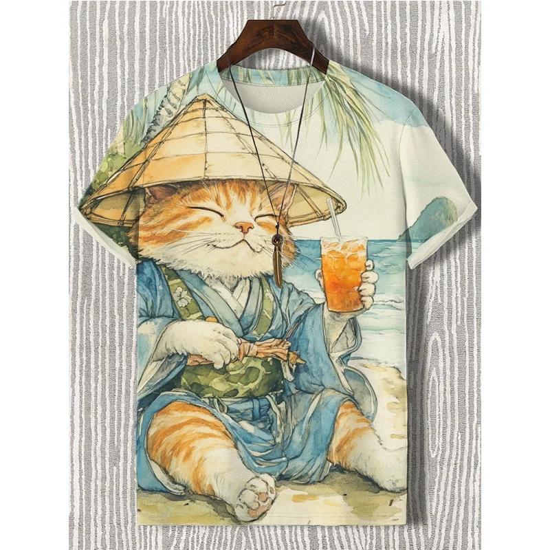 

Swimming Flower Cat Pattern T-Shirt For Men Motorcycle Beach 3D Print Tees Summer Round Neck Tops Oversized Short Sleeve T Shirt