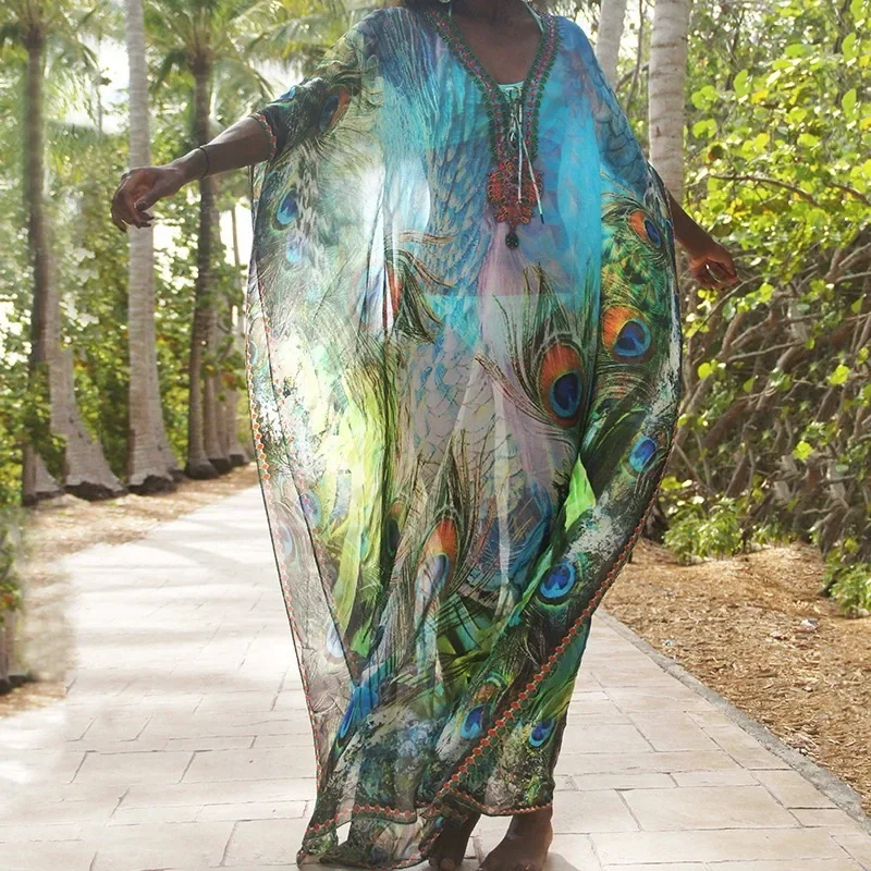 Para Praia paon Kimono Robe de plage maillot de bain couvrir maillots de bain Robe en mousseline de soie Sarong femmes Cardigan ample couvertures de Bikini