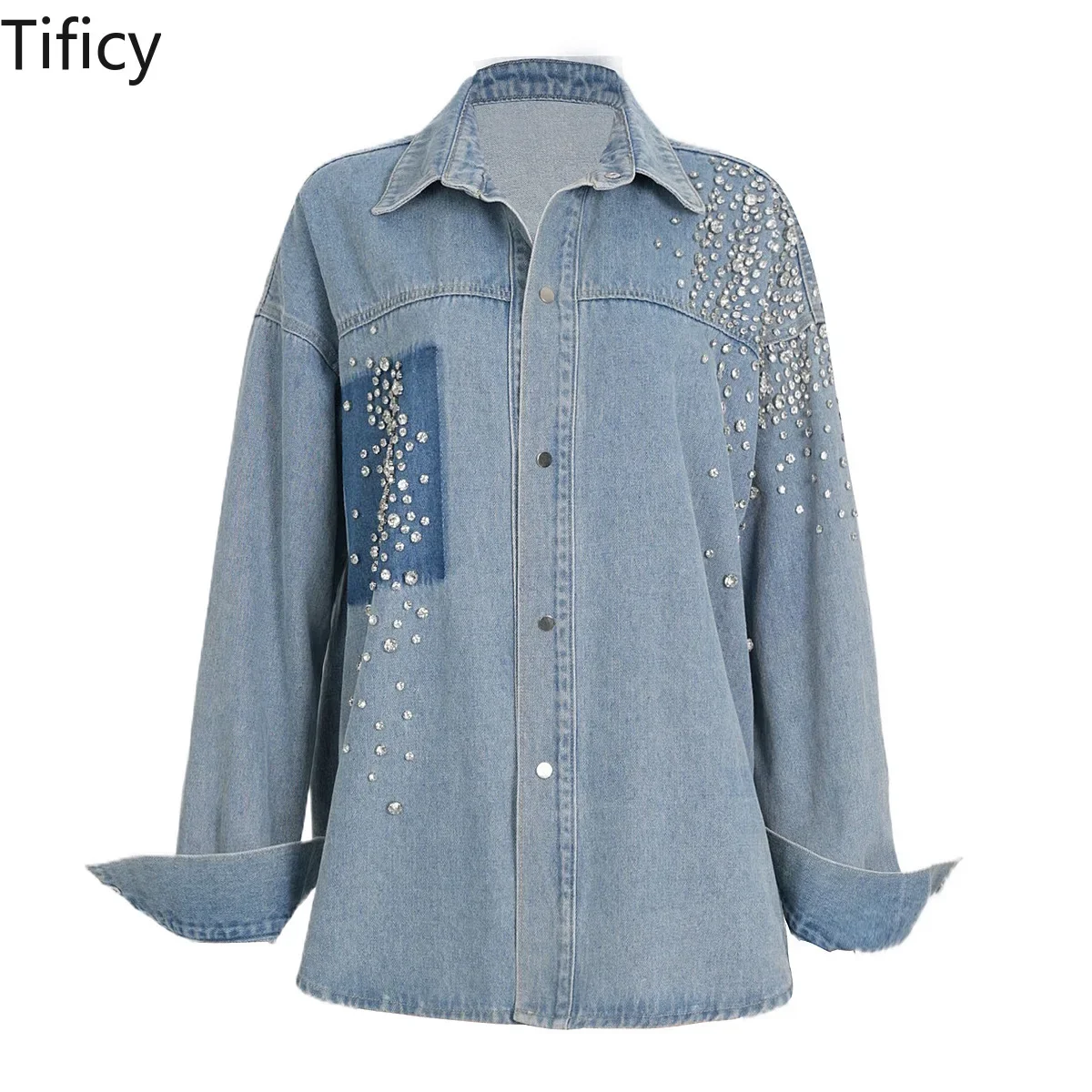 TIFICY Fashion Jeans Shirts Coats Women's New Super Heavy Industry Diamonds Irregular Wash Denim Shirt Jacket Loose Fit