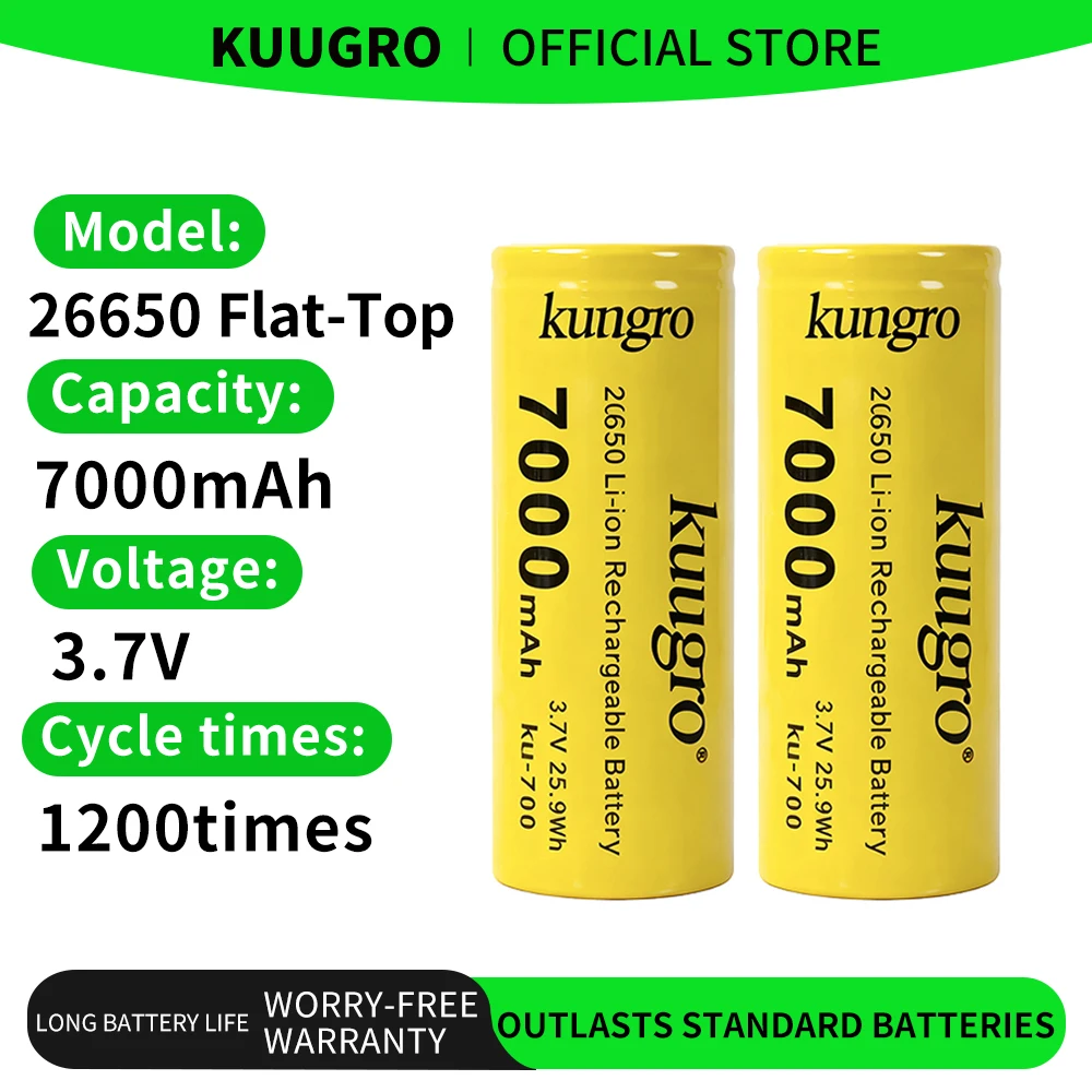 

Kuugro 26650 3.7V 7000mAh 35A power Rechargeable lithium battery 26650 Suitable for Flashlight batteries