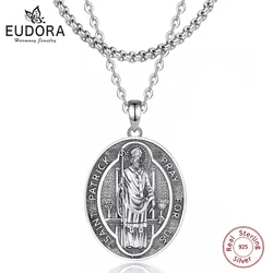 Eudora 925 Sterling Silver Saint Patrick Necklace for Men Women Ireland Patron Saint Clover Christian Pendant Religious Jewelry