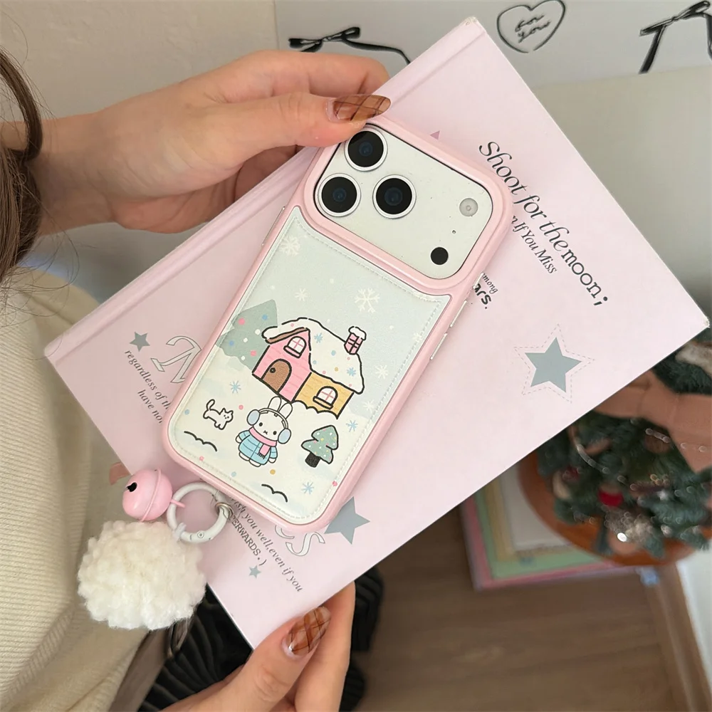 

Korean INS Cute Snowflake House Fashion Leather Rabbit Phone Case for iPhone 15 Pro 14 Pro Max 13 16 17 Cover Cartoon Fundas Cas