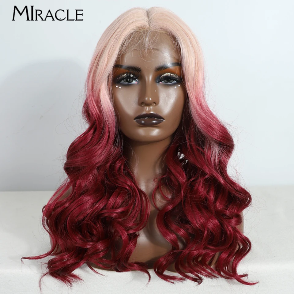 MIRACLE Wig renda depan wanita, Wig renda 22 inci sintetis berombak rambut palsu tahan panas Cosplay warna-warni pirang merah muda