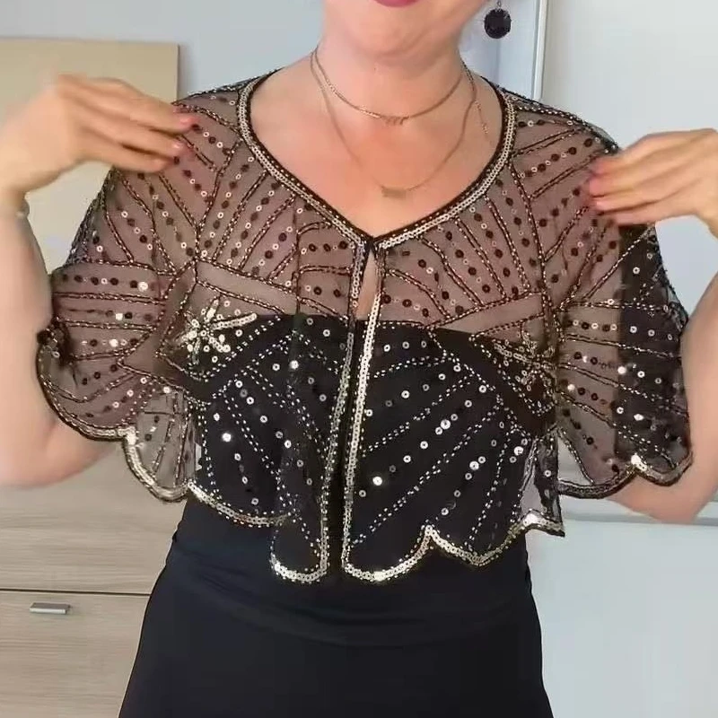 Vintage 1920s Flapper Shawl Sequin Beaded Short Cape Beaded Decoration Gatsby Party Mesh Short Cover Up Dress Accessory