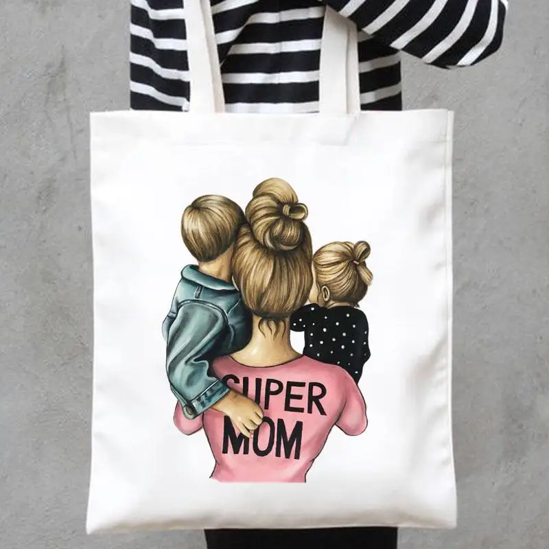 Mom Mama Mother Print Striped Son Sweet Shopper Handbags Fashion Shoulder Canvas Bags Casual Shopping Girls Women Tote Bag