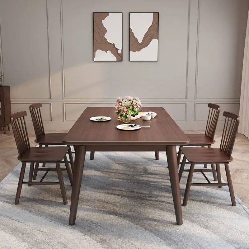 Modern Simple Walnut Solid Wood Dining Table and Chair Set Rectangular Household Eating Table for Small Apartment