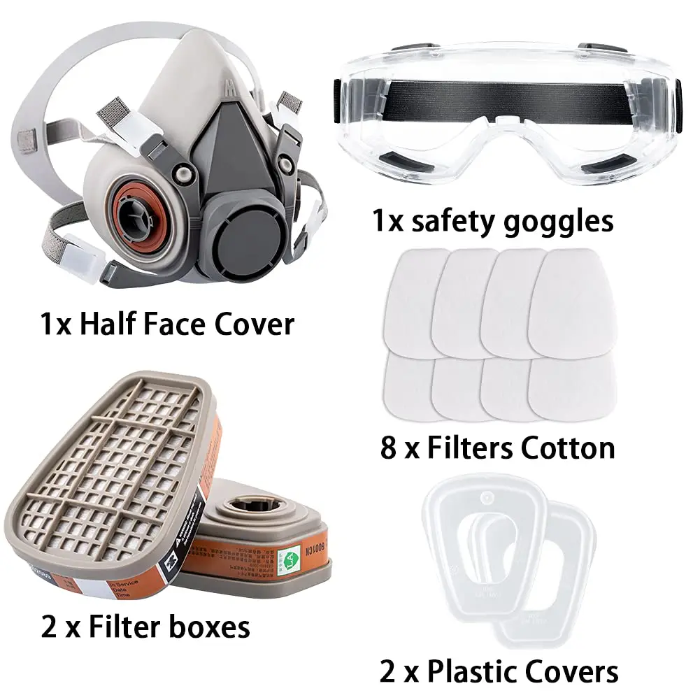 Reusable Half Face Cover Gas Mask with Safety Glasses Double Filtration for Chemical Organic Vapor Welding Woodworking Protect