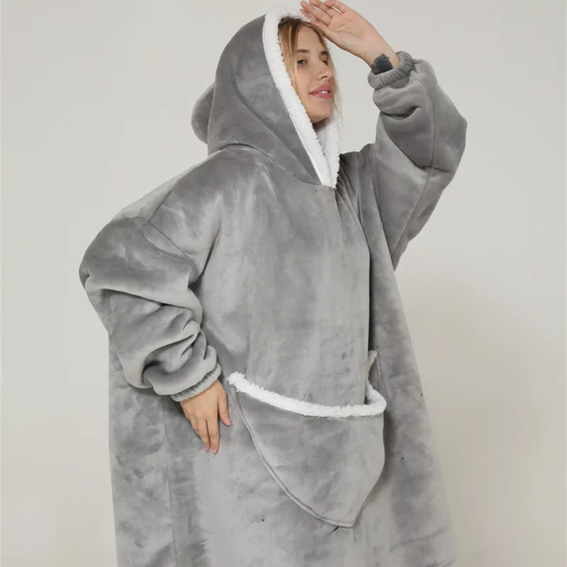 Winter Novelty Flannel Robe Large Size Hooded Nightgown Sleepwear Thickened Warm Coral Fleece Lazy Blankets Loose Home Dress