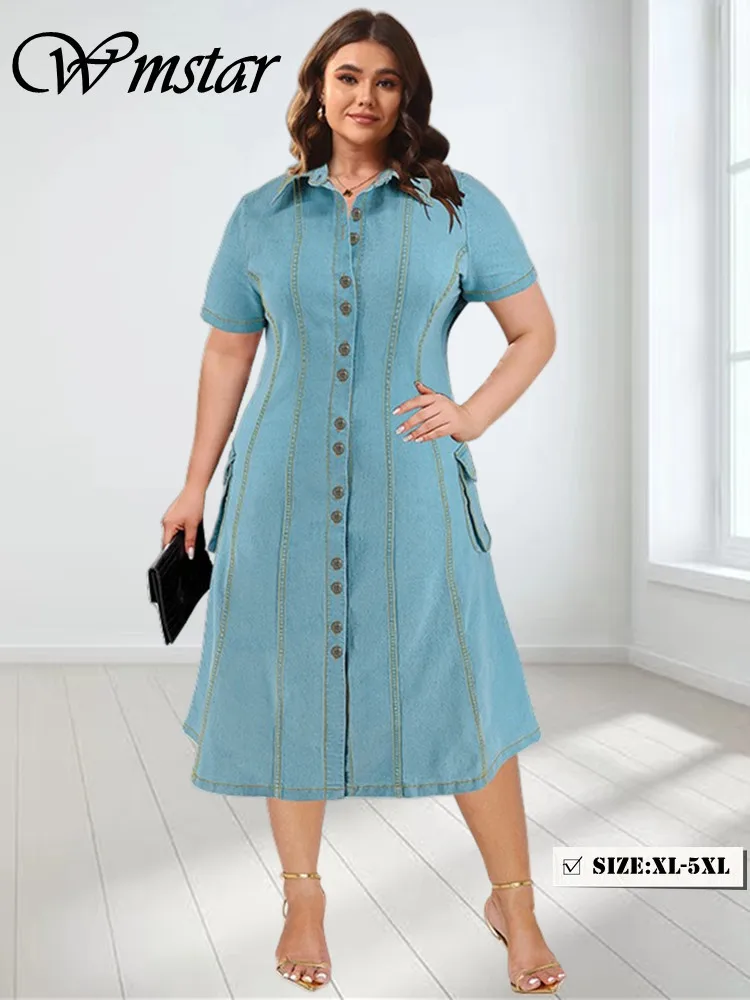 

Wmstar Denim Plus Size Dresses for Women Summer Solid Button Fashion Elegant Pockets Shirts Maxi Dress Wholesale Dropshipping