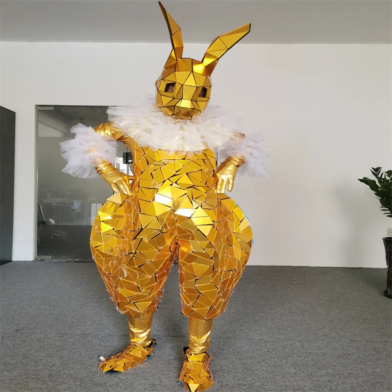 Party Perform Cosplay Rabbit Gold Mirror Glass Costume Stage Birthday Wear Bar Catwalk Outfit Show Clothe Club Bodysuit Disco DJ