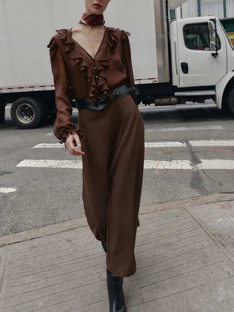 

Faionable Midi Dr 2025, Новое зимнее поступление, V-Ne Long Sve, лоскутное женское платье с поясом, платье для выступлений