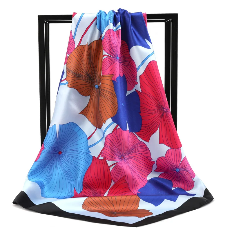 90*90cm Large Square Silk Scarf Turban Plant Maple Leaves Simulation Silk Satin Hijab Head Scarf Headwraps for Women