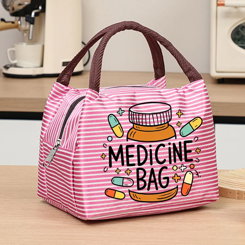 Portable Medicine Storage Bag with Handle Green Striped Zipper Organizer Tote Large Capacity Medication Carrying Bag for Daily